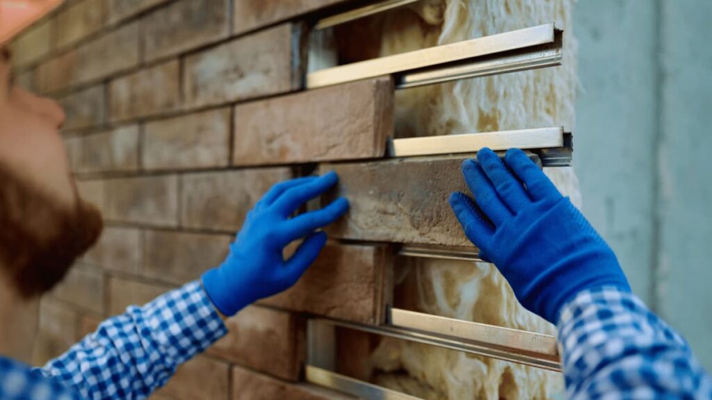 Een specialist plaatst nieuwe gevelbekleding na vochtproblemen aan de gevel.