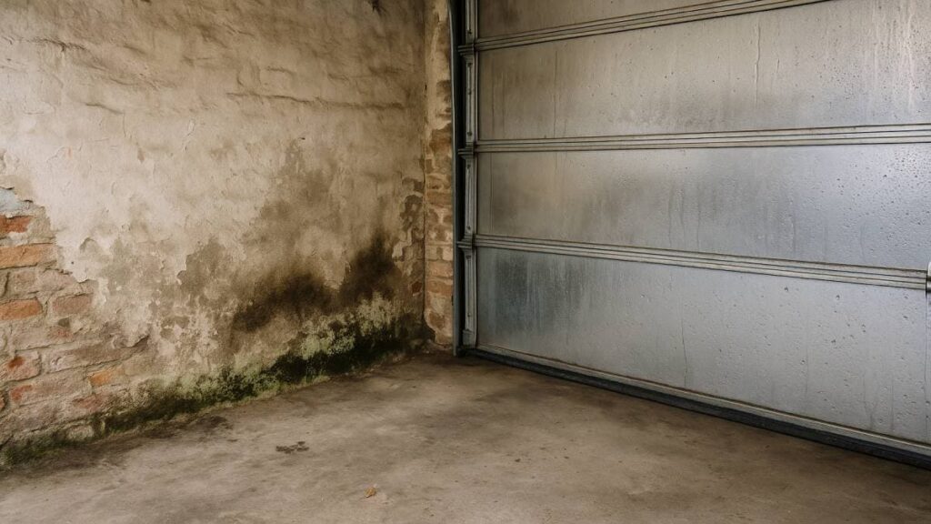 Realistische foto van een Belgische garage met vochtplekken op de muur, condens op de poort en lichte schimmelvorming op de vloer.