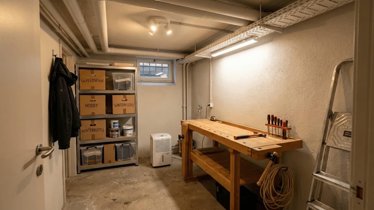 Kelderruimte ingericht als werk- en opslagruimte, met een werkbank, opbergkasten, ladder en een luchtontvochtiger voor een droge omgeving.