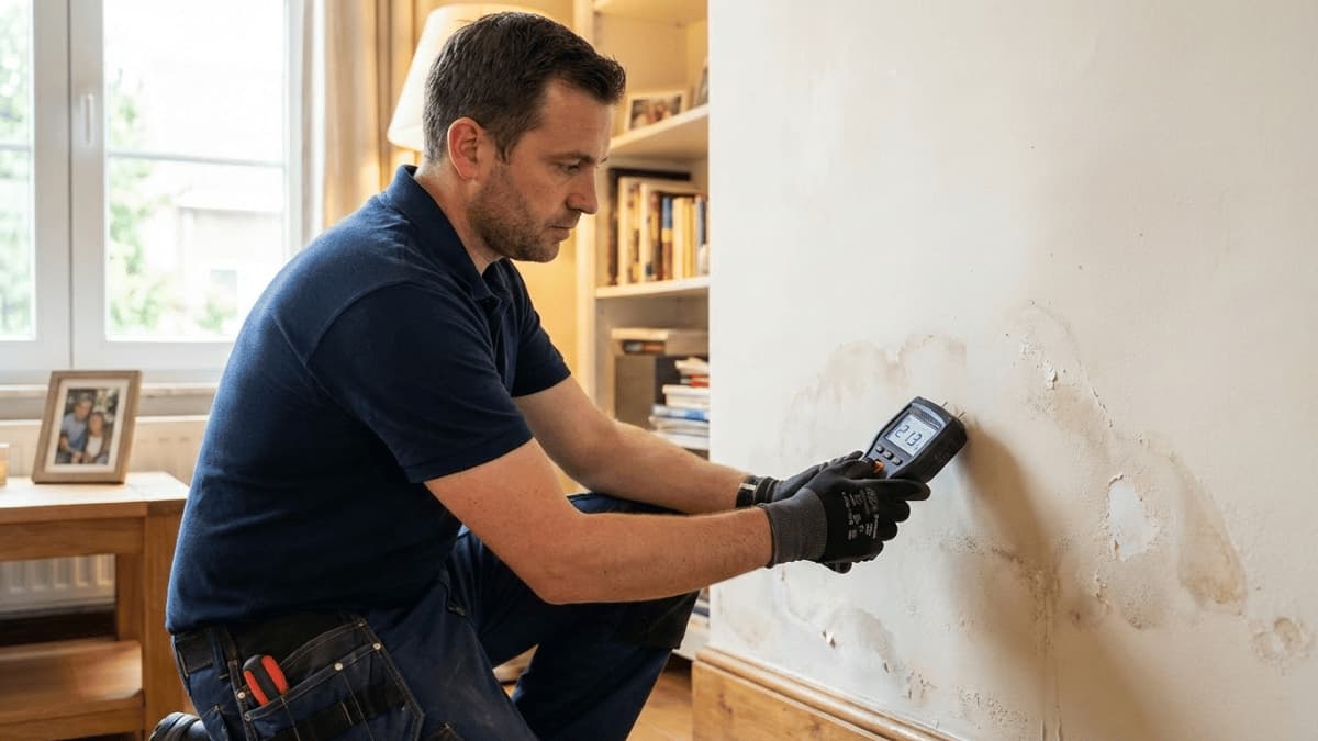 Vakman meet het vochtgehalte van een binnenmuur met een vochtmeter, ter controle van mogelijke vochtproblemen in de woning.
